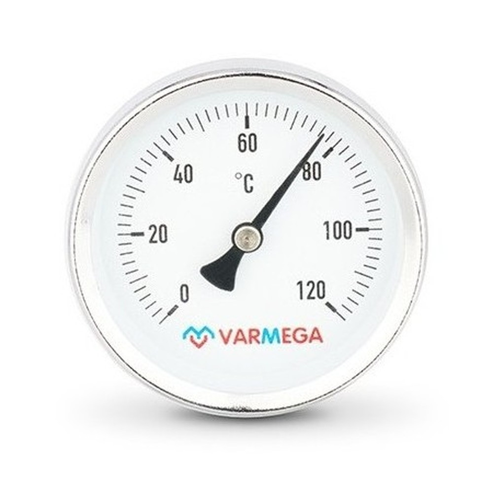 Термометр VARMEGA биметаллич. с погр. гильзой 63 мм, 120гр.С, штуц.50 мм, 1/2", упл., VMMT03-635004
