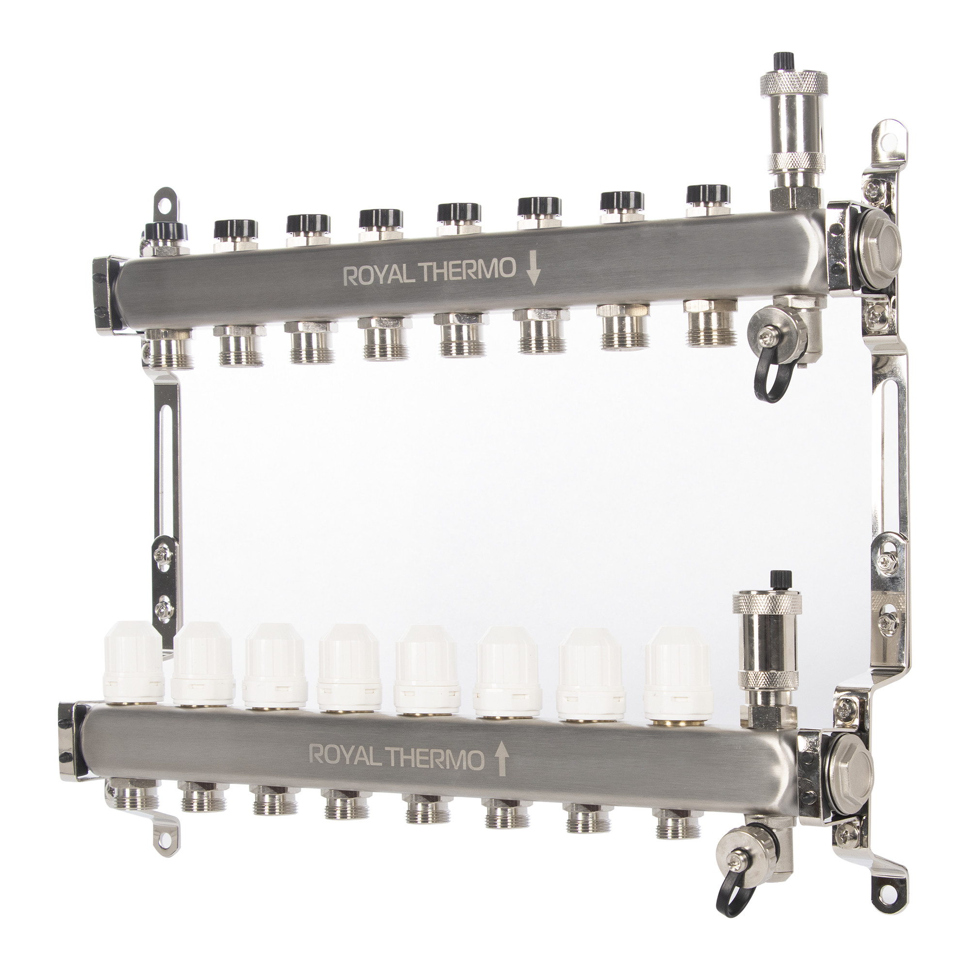 Коллектор Royal Thermo нерж. в сборе универсальный 1" ВР-3/4" НР с автомат. воздухоотвод-ми 8 вых.