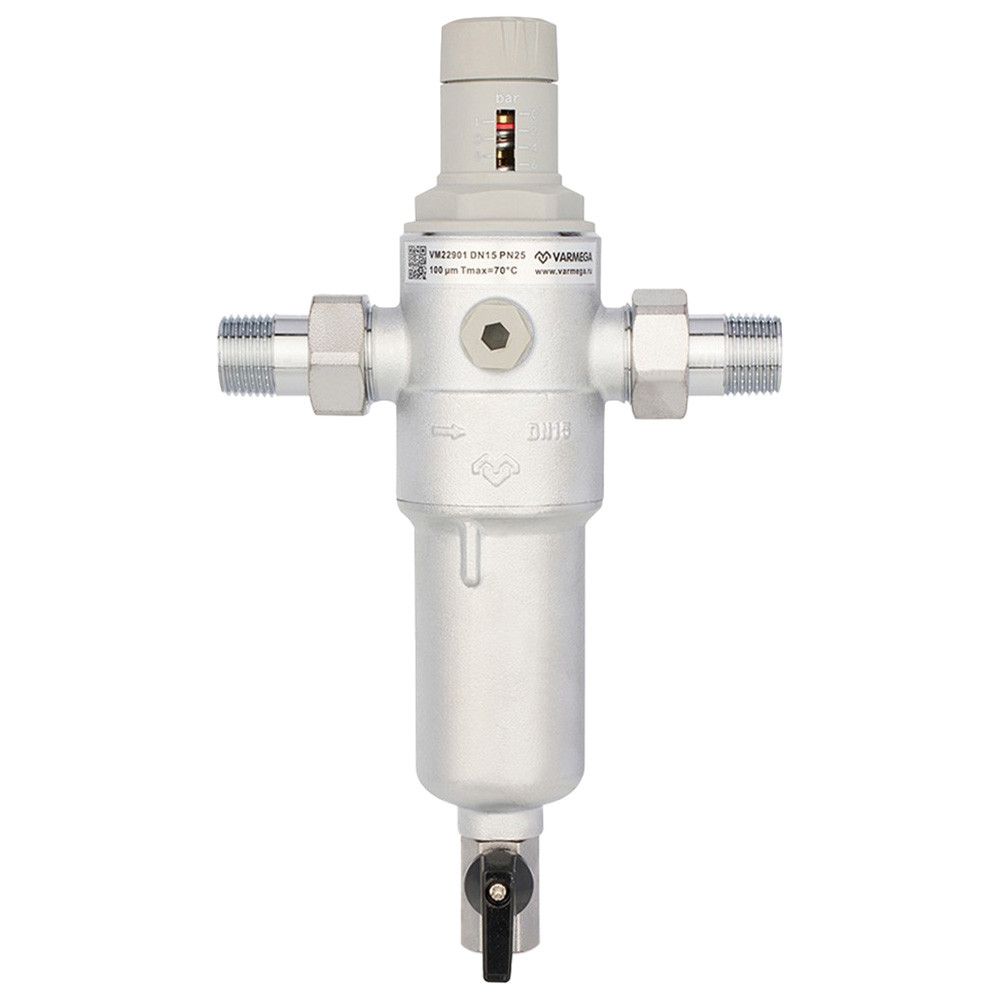 Фильтр сетчатый VARMEGA промывной, комбинированный 1/2", PN25, для ГВС и ХВС, VM22901